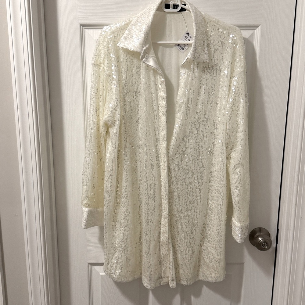 AKIRA White Sequin Shirt Dress - slightly oversized fit